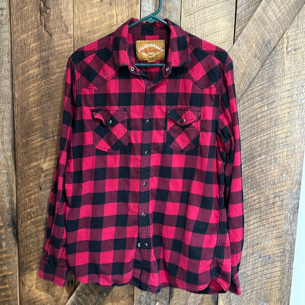 Red Camel red buffalo plaid cotton button down shirt
